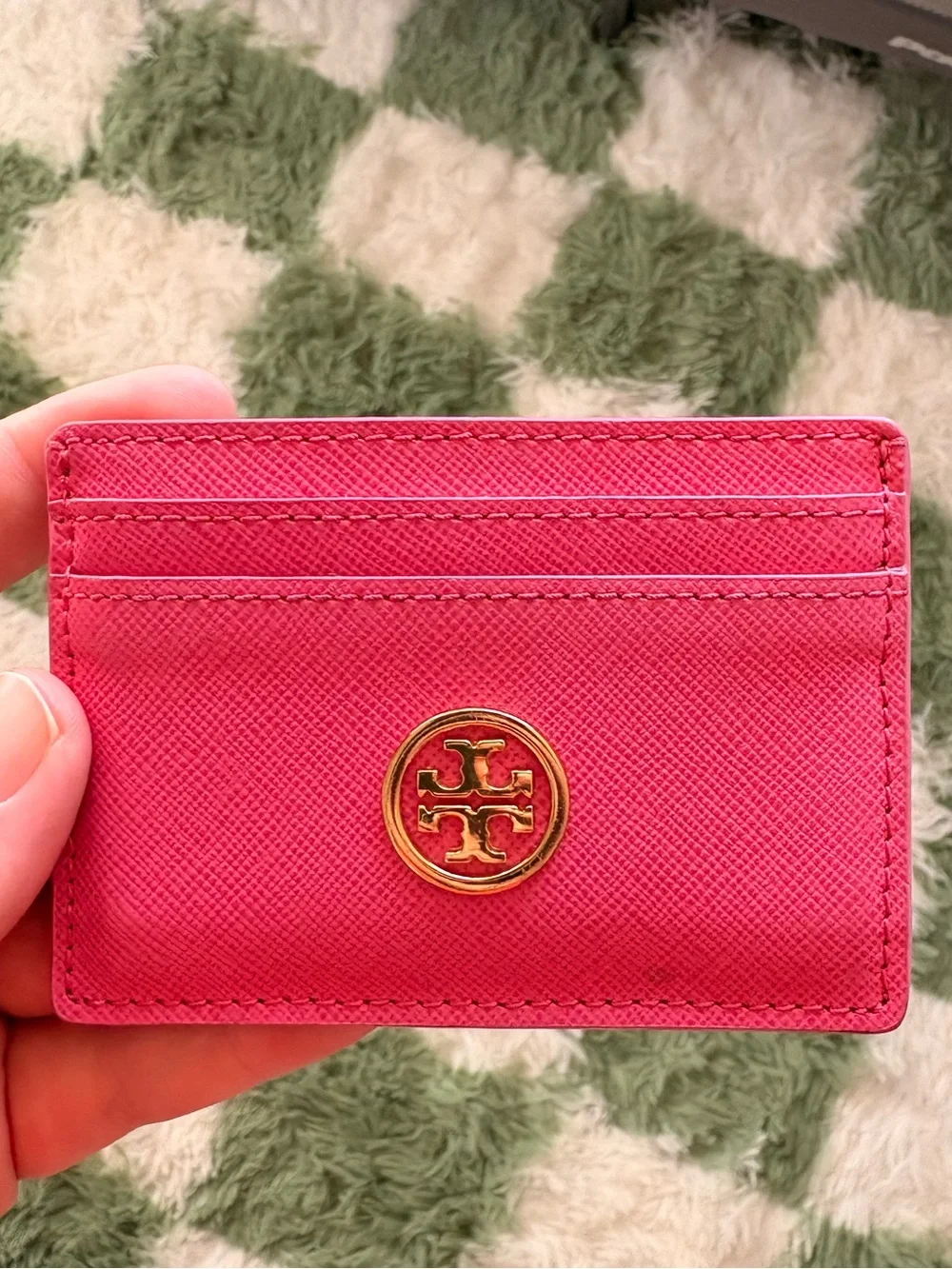 Tory Burch Hot Pink Leather Card & Key Holder with Gold Logo